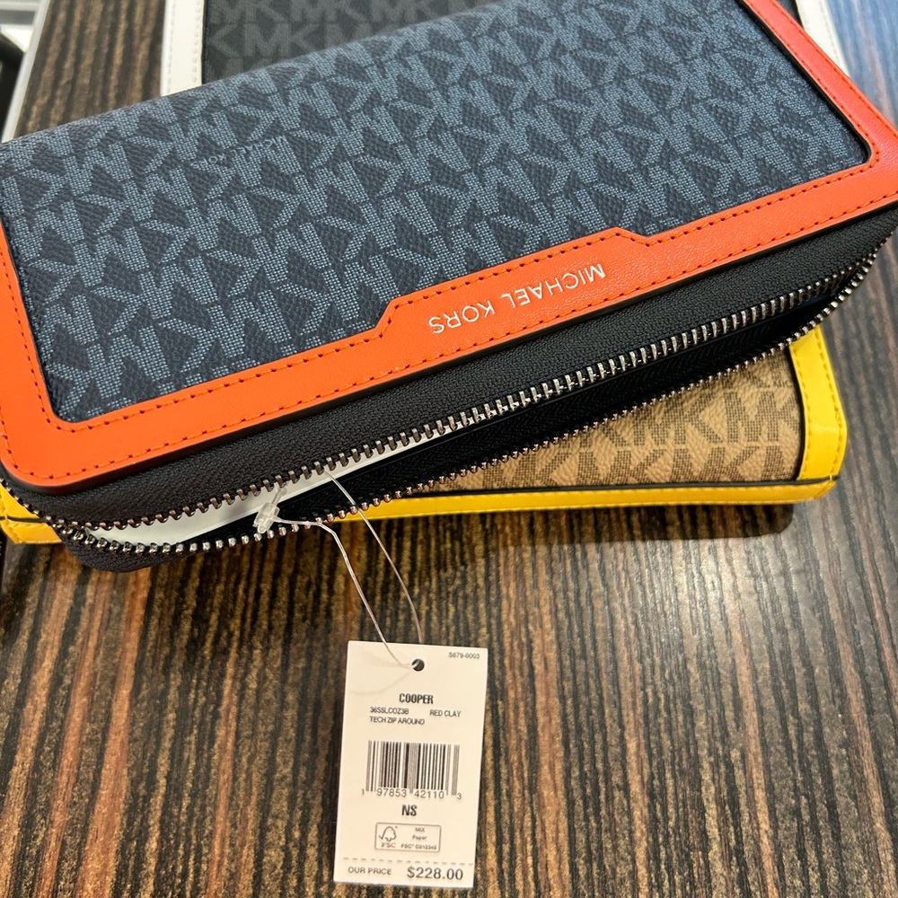 Michael Kors Cooper Tech Zip Around NWT blue orange men wallet signature logo - Picture 7 of 9
